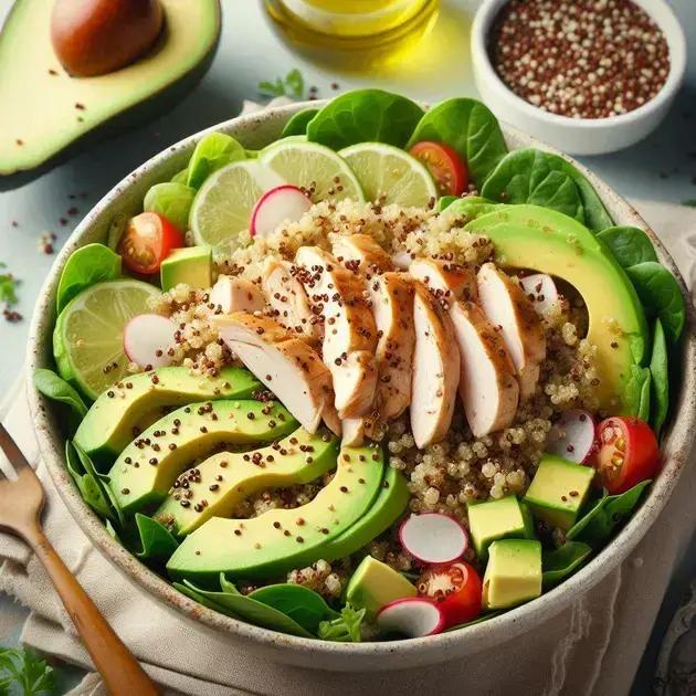 Salada de Quinoa com Abacate e Frango: Leve e Nutritiva (400 kcal)